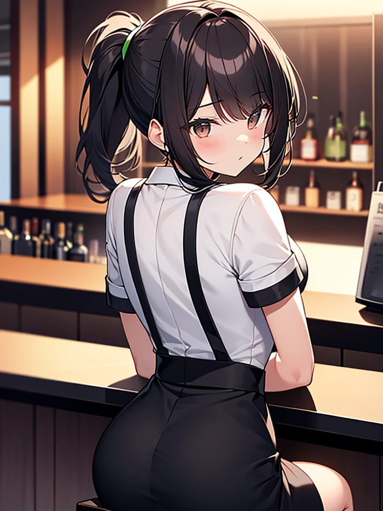 Solo Back view, Bar at night, Broad shoulders, Woman, Seated, Customer seat, Cocktail glass, White collared shirt, Short sleeves, Black long skirt, Ponytail:1.9 背のexpensive女性:1.9. Short black hair, straight hair, hair tie, bangs swept to the side:1.9. Slanted Eyes, Brown eyes, expensive, Strong-willed, beautiful、Big breasts、adult