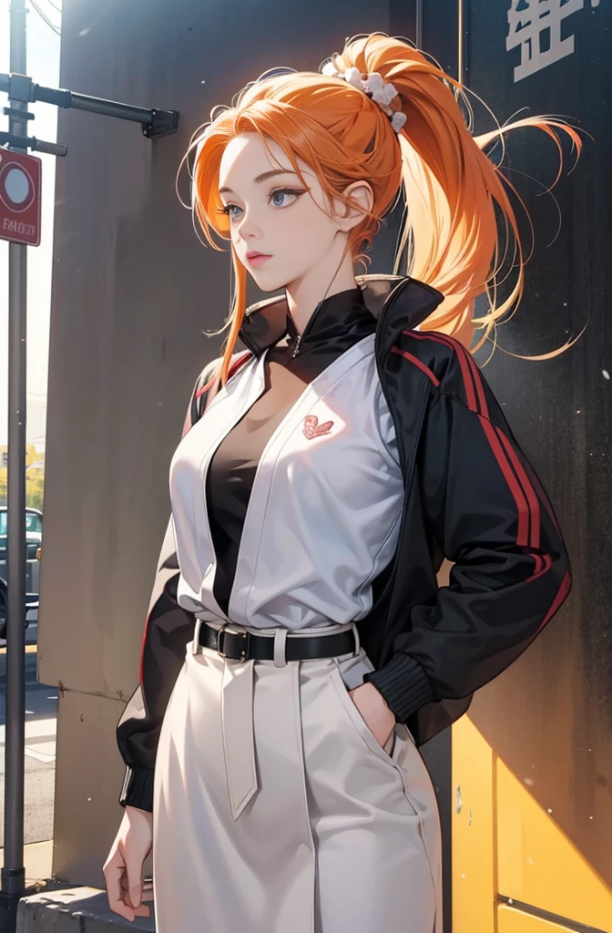 Very colorful, Pop feel, California, Pasadena, Summer image, Beautiful woman with orange ponytail, Very beautiful detailed eyes, Beautiful and delicate eyes, Around 25 years old, Wearing a jacket, stylish belt, Perfect tall model figure,mysterious, Cool Beauty, West Coast, Shining summer memories, Anime drawing by Yang J, Art Station Trends, realism, extremely detailed The buds of art, Realistic anime 3D style, Anime Style 4 k, Up to the model | The buds of art, Anime Style. 8k, Casual clothing, Realistic anime art style, style The buds of art, Sharp contours, Highest quality, The perfect angle, Perfect composition, Perfect subject, Best Shot, Official Art,CD jacket, 80's City Pop, Stylish, Very stylish, Anime drawings inspired by Yanjun Chen, Trending on Art Station, realism, Anime Style 4 k, Anime Style. 8k, Realistic Anime 3D Style, Realistic anime art style, Digital anime illustration, Style Anime, Gweiz-style artwork, Anime Style illustration, Digital anime art