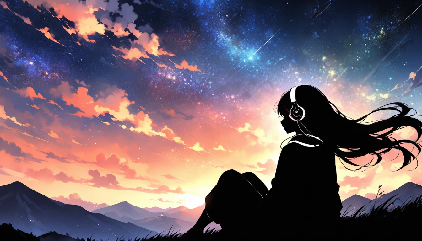 sunset、hill、cloud、Long Hair、woman、Sitting、silhouette、Back view、Beautiful starry sky、Looking up at the sky、The wind is blowing、Wide sky、Headphones