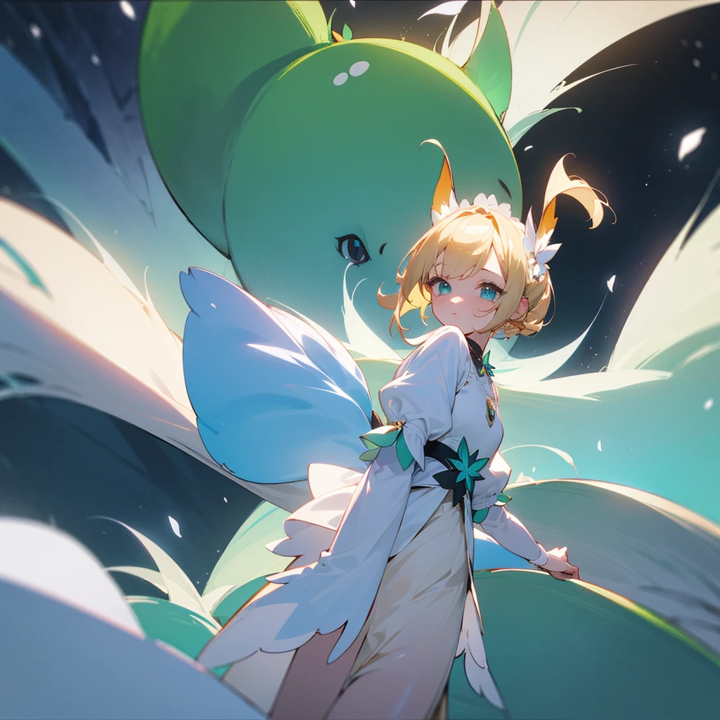 Crée un chibi féminins ( cheveux blonds avec quelques mèche blanche et un peu long, des oreilles et une queue de renard de neige, ses yeux sont bleu/vert, elle a des tâches de rousseur pas vraiment visible, elle porte un vêtements de nature mais comme même mignon) 