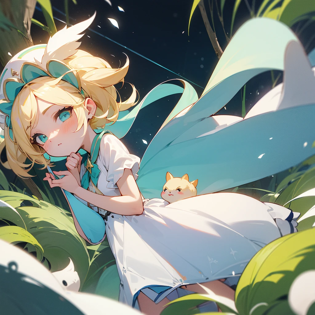 Crée un chibi féminins ( cheveux blonds avec quelques mèche blanche et un peu long, des oreilles et une queue de renard de neige, ses yeux sont bleu/vert, elle a des tâches de rousseur pas vraiment visible, elle porte un vêtements de nature mais comme même mignon)