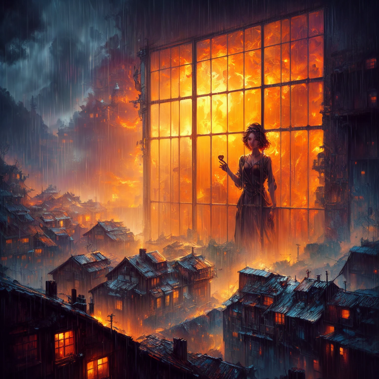 a close up of a person standing in a window with a rain, stylized urban fantasy artwork, inspired by Cyril Rolando, cyril rolando and goro fujita, by Cyril Rolando, the style of andreas rocha, in style of cyril rolando, raining fire, dan mumford tom bagshaw, moody misty fantasy art, dramatic lighting. concept art