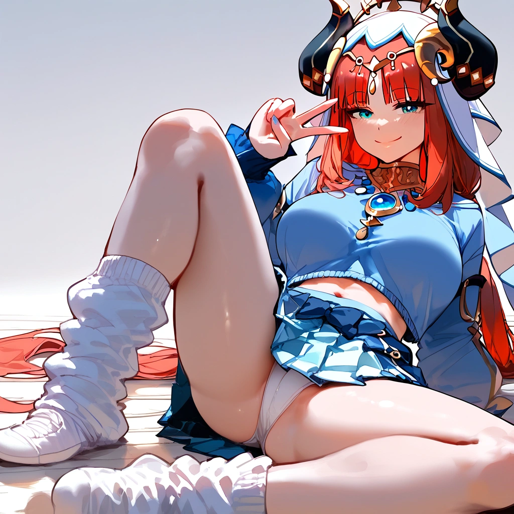 score_9, score_8_up, score_7_up, score_6_up, score_5_up, score_4_up, 1girl, Nilou, Genshin impact,, large breasts,,,, floox style, floox style, high resolution,,, expressiveh,, perfect anatomy, masterpiece, solo, gray background,, (school outfit:1.2), skirt, sweater, sit on floor, loose socks , v, smile, happy, light aqua eyes, she is 21 years old, spread legs