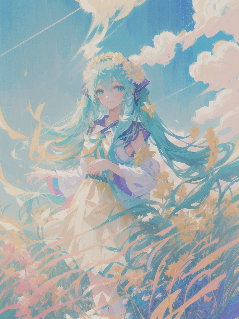 anime girl with long hair and a flower crown standing in a field, anime art wallpaper 8 k, anime art wallpaper 4 k, anime art wallpaper 4k, anime style 4 k, trending on artstation pixiv, anime goddess, beautiful anime artwork, portrait of hatsune miku, beautiful anime art, pixiv contest winner, digital art on pixiv, slight smile