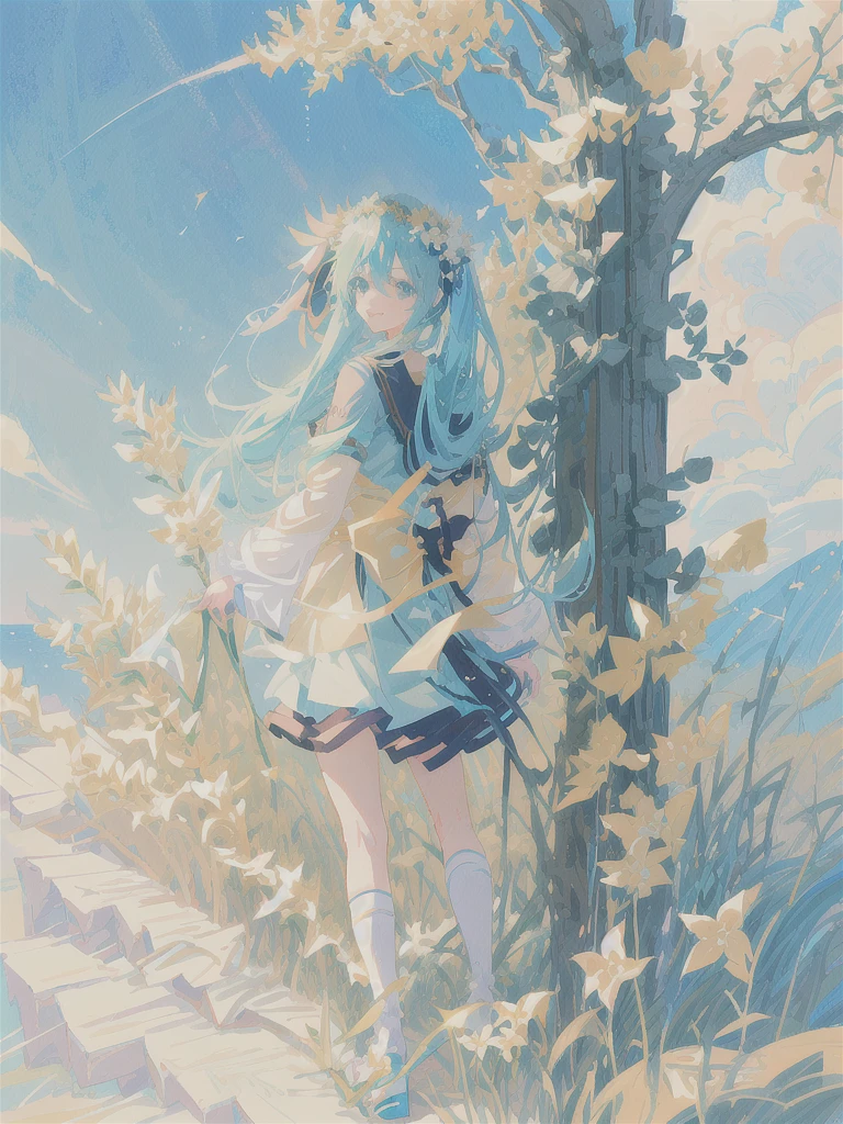 anime girl with long hair and a flower crown standing in a field, anime art wallpaper 8 k, anime art wallpaper 4 k, anime art wallpaper 4k, anime style 4 k, trending on artstation pixiv, anime goddess, beautiful anime artwork, portrait of hatsune miku, beautiful anime art, pixiv contest winner, digital art on pixiv, slight smile