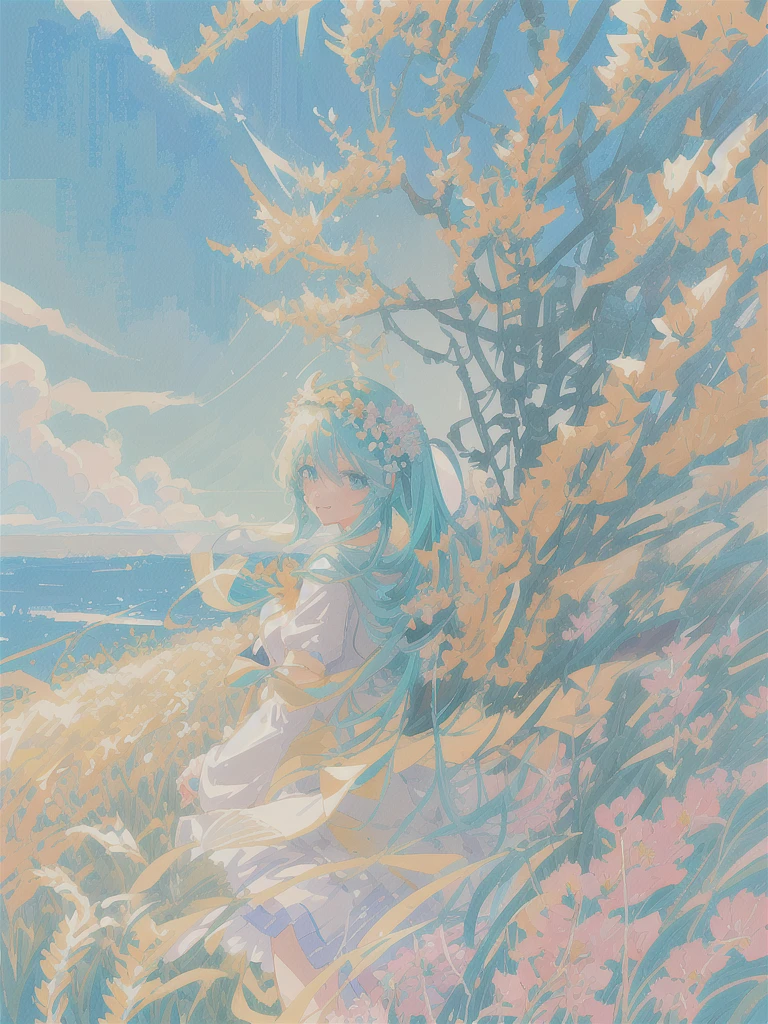 anime girl with long hair and a flower crown standing in a field, anime art wallpaper 8 k, anime art wallpaper 4 k, anime art wallpaper 4k, anime style 4 k, trending on artstation pixiv, anime goddess, beautiful anime artwork, portrait of hatsune miku, beautiful anime art, pixiv contest winner, digital art on pixiv, slight smile