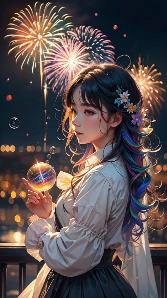 Soap bubbleとfirework、Soap bubble、無数のSoap bubble、Bubble、Soap bubbleたちに囲まれて、Mysterious Landscape、firework、firework大会、Rainbow colorsのfireworkが打ちあがっている瞬間、夜nullとともに、幻想的な海景色で壮大なfirework、future都市、Highest quality、masterpiece, (Diffuse reflection of light:1.2), When the fantastic rainbow turns into shadow, bathed in a mystical atmosphere.Soap bubbleたちも見ています, Cast magic spells. evoke a sense of wonder and awe. A fusion of natural grandeur and magic, Weaving dreams into reality. Behold, null, And the unknown, Fleeting、And an eternal moment, 16K, Ultra-high resolution.Realistic, Ultra-high resolution, to be born,future、Rainbow colorsに光り輝く、Rainbow colors、The world 30 years from now。