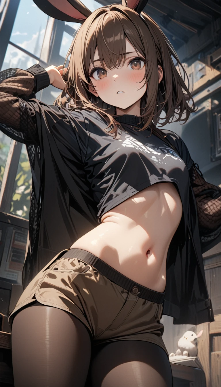 Young girl, long brown hair, brown eyes, rabbit ears, brown shorts, black nylon tights, open belly, nylon sleeves, Masterpiece, best quality, Full HD, 8k, ultra details, great graphic