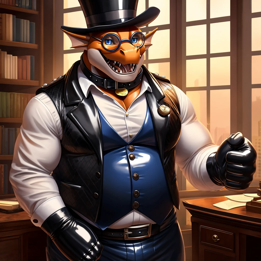 Solo, Male, fat, extremely obese, gentleman, dapper Professor Dragon, steampunk, blue eyes, (posing:1.3), (soft shading), 4k, hi res, ((detailed face, detailed)), looking at viewer, mouth wide open, evil laugh, dapper clothing, collared shirt with buttons, top hat, male focus, Explorer Outfit, glasses, monocle, vest with buttons, sleeves rolled up, round eyewear, brown headwear, brown vest, office, Dragon is wearing a glossy leather dog collar around the neck, Dragon is wearing the leather collar and shirt and vest at the same time, Dragon is wearing glossy white rubber gloves on the hands, wearing white rubber gloves on the feet, gloves are rubber in texture, clenching fists, leather collar is glossy and shiny with a lot of detail, Dragon is wearing gloves and leather collar at the same time, leather collar has a round dog-tag, leather collar is thick and detailed, leather collar is glossy and shiny, fancy clothing, dapper vest, dapper shirt, leather collar is thick, glossy leather collar.