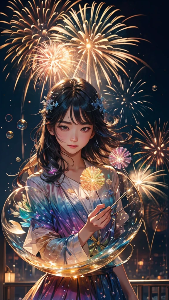 Soap bubbleとfirework、Soap bubble、無数のSoap bubble、Bubble、Soap bubbleたちに囲まれて、Mysterious Landscape、firework、firework大会、Rainbow colorsのfireworkが打ちあがっている瞬間、夜nullとともに、幻想的な海景色で壮大なfirework、future都市、Highest quality、masterpiece, (Diffuse reflection of light:1.2), When the fantastic rainbow turns into shadow, bathed in a mystical atmosphere.Soap bubbleたちも見ています, Cast magic spells. evoke a sense of wonder and awe. A fusion of natural grandeur and magic, Weaving dreams into reality. Behold, null, And the unknown, Fleeting、And an eternal moment, 16K, Ultra-high resolution.Realistic, Ultra-high resolution, to be born,future、Rainbow colorsに光り輝く、Rainbow colors、The world 30 years from now。