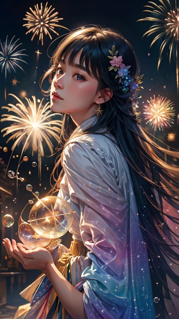 Soap bubbleとfirework、Soap bubble、無数のSoap bubble、Bubble、Soap bubbleたちに囲まれて、Mysterious Landscape、firework、firework大会、Rainbow colorsのfireworkが打ちあがっている瞬間、夜nullとともに、幻想的な海景色で壮大なfirework、future都市、Highest quality、masterpiece, (Diffuse reflection of light:1.2), When the fantastic rainbow turns into shadow, bathed in a mystical atmosphere.Soap bubbleたちも見ています, Cast magic spells. evoke a sense of wonder and awe. A fusion of natural grandeur and magic, Weaving dreams into reality. Behold, null, And the unknown, Fleeting、And an eternal moment, 16K, Ultra-high resolution.Realistic, Ultra-high resolution, to be born,future、Rainbow colorsに光り輝く、Rainbow colors、The world 30 years from now。