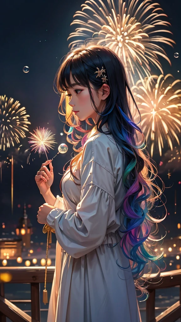Soap bubbleとfirework、Soap bubble、無数のSoap bubble、Bubble、Soap bubbleたちに囲まれて、Mysterious Landscape、firework、firework大会、Rainbow colorsのfireworkが打ちあがっている瞬間、夜nullとともに、幻想的な海景色で壮大なfirework、future都市、Highest quality、masterpiece, (Diffuse reflection of light:1.2), When the fantastic rainbow turns into shadow, bathed in a mystical atmosphere.Soap bubbleたちも見ています, Cast magic spells. evoke a sense of wonder and awe. A fusion of natural grandeur and magic, Weaving dreams into reality. Behold, null, And the unknown, Fleeting、And an eternal moment, 16K, Ultra-high resolution.Realistic, Ultra-high resolution, to be born,future、Rainbow colorsに光り輝く、Rainbow colors、The world 30 years from now。