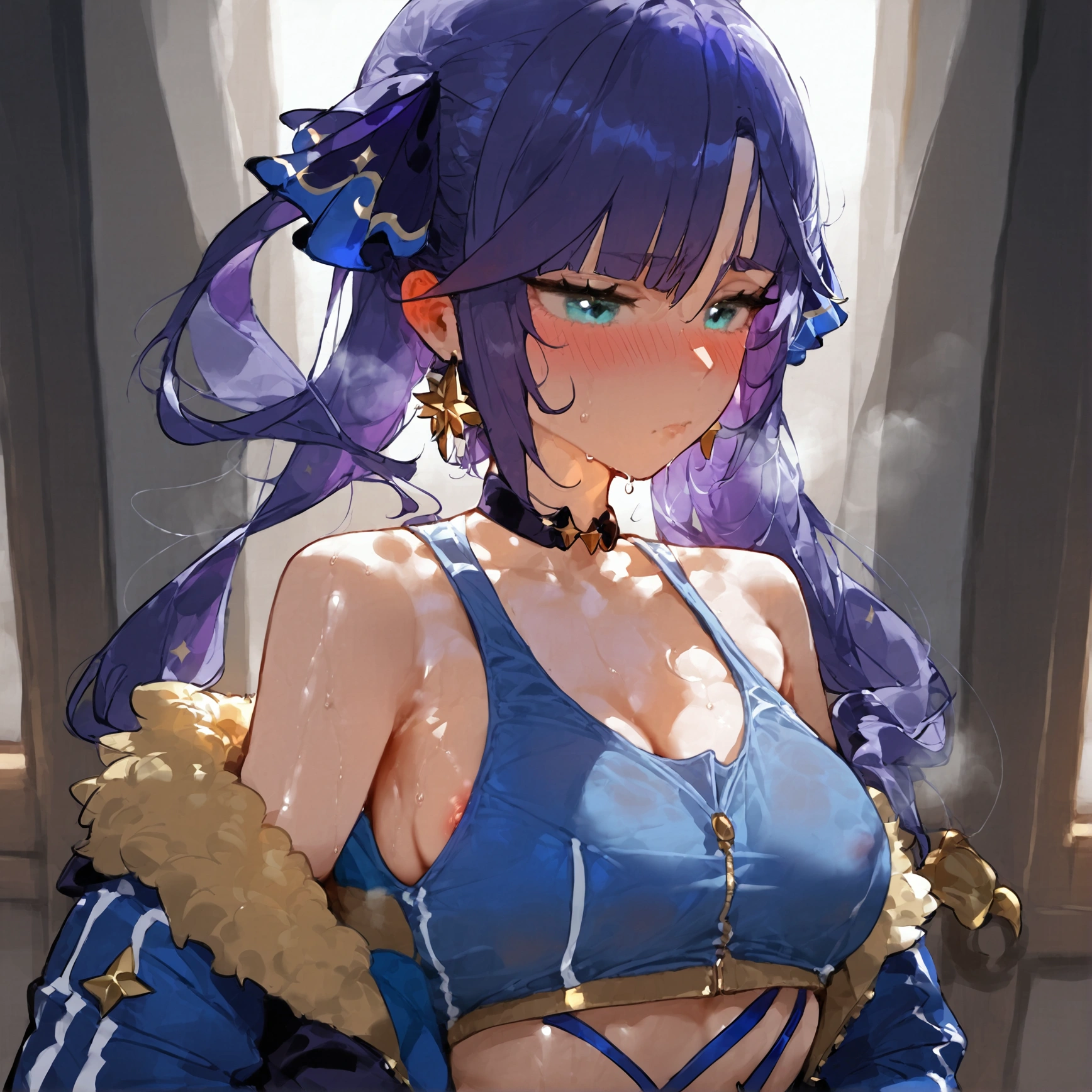 score_9, score_8_up, score_7_up, score_6_up, score_5_up, score_4_up, source_anime , 1girl, Mona (genshin_impact), genshin_impact, medium breasts, , breasts focus, floox style, \\\\\ jacket,, open clothes, blue jacket, blue track suit,, sportswear, standing, track jacket, blue track pants, track suit, \\\\\ steam, steaming body, sweat,, rating_explicit, high resolution, deep breath, head out of frame, grey background, solo, nipple slip, waist-length dark purple hair that turns slightly red at the ends, shy, blush, gold earring that resembles a compass rose on her left ear, twintails behind shoulders