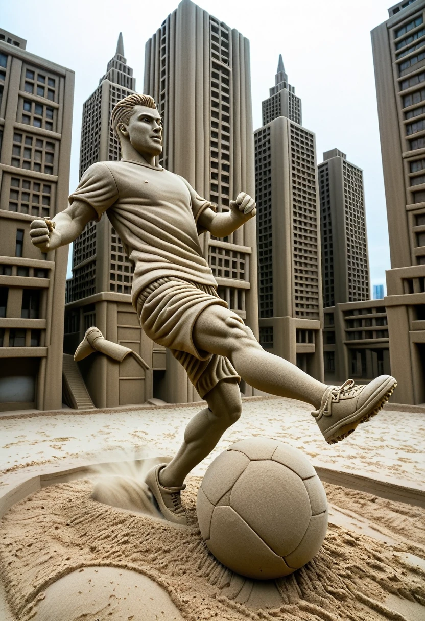 Sand sculpture style, Hero kicking a soccer ball on the football field,color,High-rise buildings,A strong sense of déjà vu
