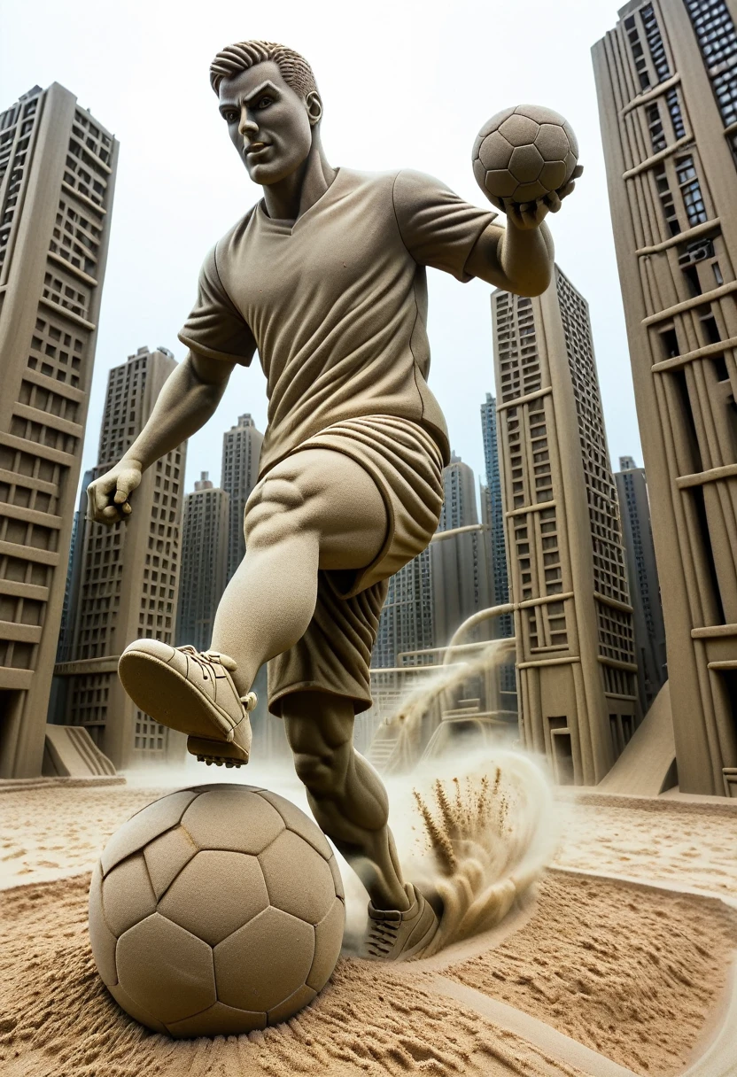 Sand sculpture style,   Hero kicking a soccer ball on the football field，color，High-rise buildings，A strong sense of déjà vu