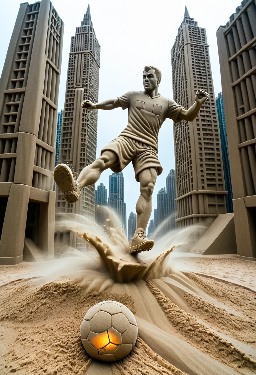 Sand sculpture style, Hero kicking a soccer ball on the football field,color,High-rise buildings,A strong sense of déjà vu