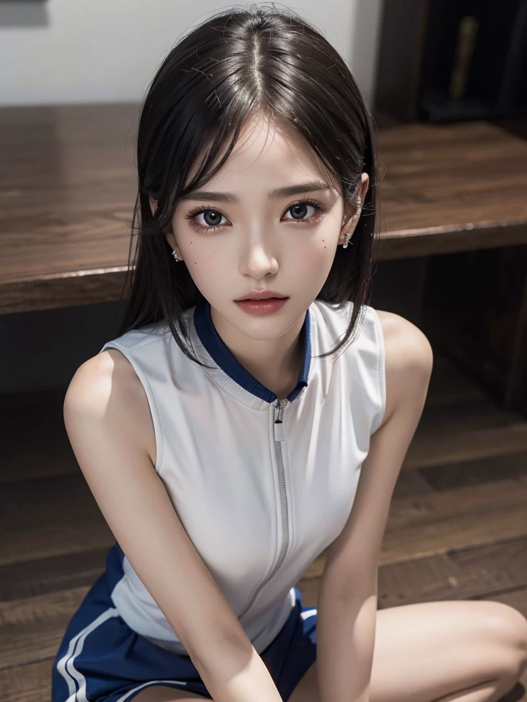 ((Best picture quality, 8K, tmasterpiece:1.3)),(1girll),Long hair with a shawl,Ultra-fine face,A detailed eye,ssmile,Small chest,Slender abs,The butt is upturned,((White letter vest,Long white pants,white legwear,White sneakers,The legs are long and thin,a variety of poses,Lying on the sofa,Magazine in front of the sofa,Behind the sofa are curtains)),