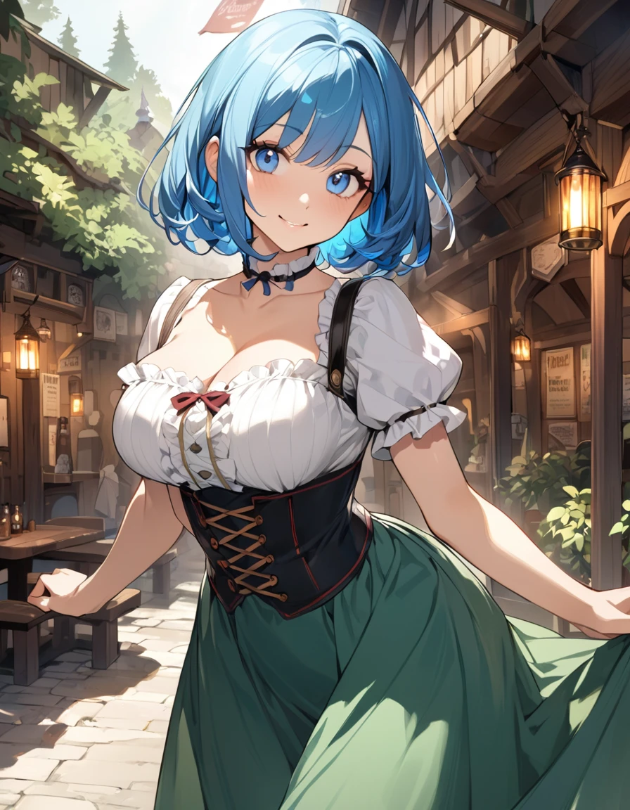 (Top quality illustrations:1.2), (pretty girl:1.1), (1 girl、), (1 girl、smile)、Big eyes、Bright blue hair、Short Bob Hair、Taverns in Germany、Dirndl、One piece with frills、Long skirt、Beautiful breasts、Cowboy Shot