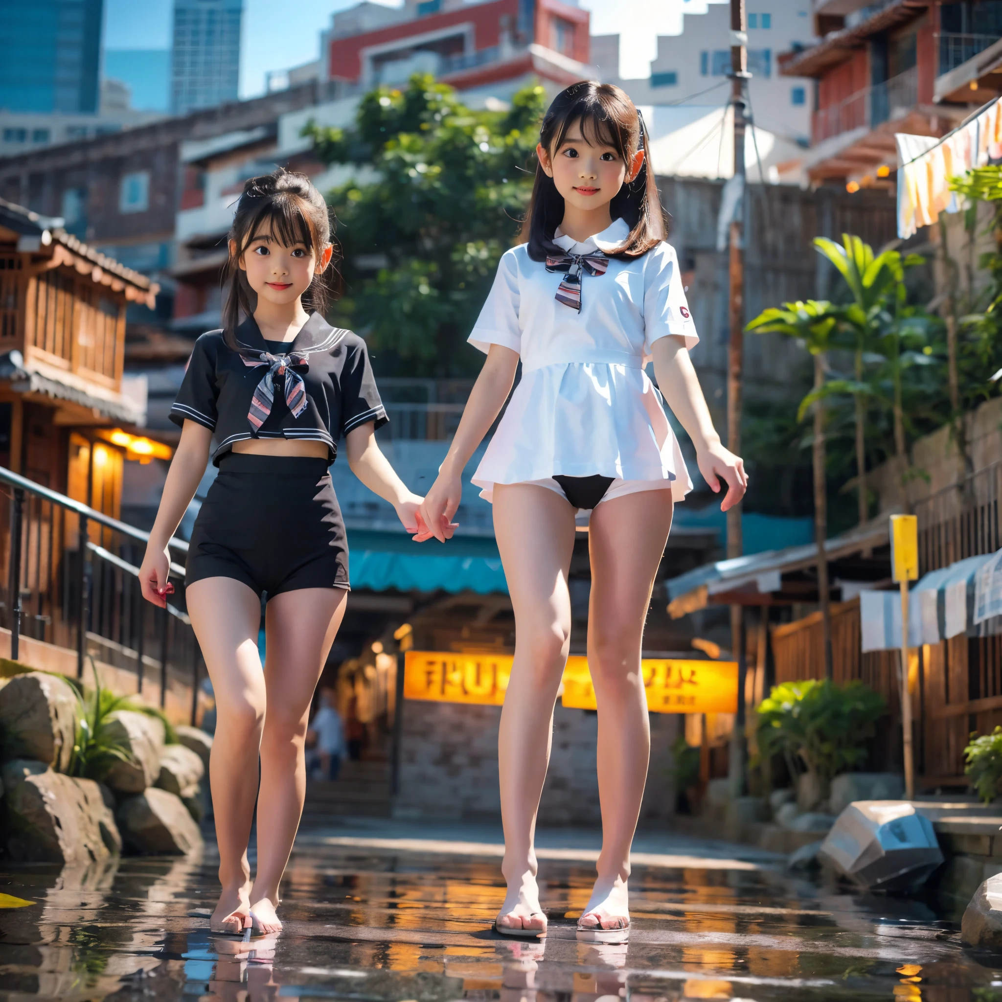Masterpiece of ProfessionalPhoto ((ExtremelyDetailed (12 PICHIPICHI KAWAII Girls Floating in The Air in a row:1.37) in WHITE at Dusk Enoshima Beach)), {(Standing Full Body:1.2)|(from below:1.2)|Detailed KAWAII face}, Different types of hair colors, {(skinny(school swimwear))|(SchoolUniform)with Tiny AthleticShorts}, {(Corrected Childish hand)|Hidden hand|Different types of breasts|(Clearly Visible the shape of Butt)}, Joyful Expressions LifeLike Rendering, Detailed clothing texture, PerfectLighting, (Dazzling Horizon Visible through ThighGap), (Starry IridescentParticles:1.22) ColorfulClouds