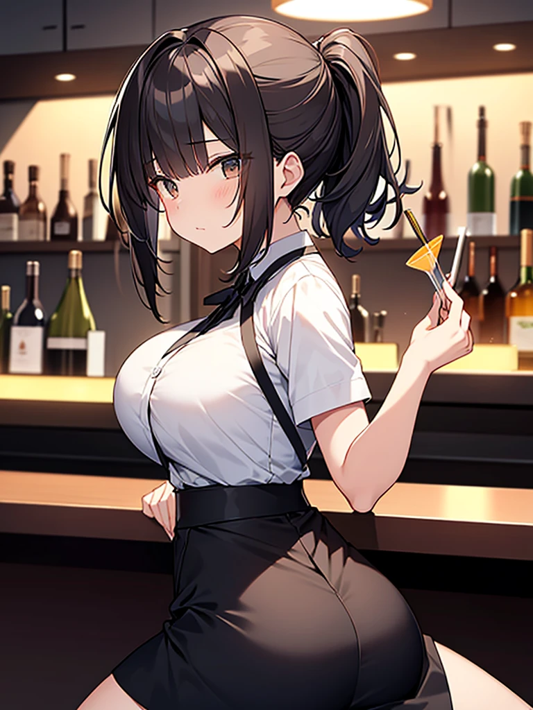 Solo Back view, Bar at night, Broad shoulders, Woman, Seated, Customer seat, Cocktail glass, White collared shirt, Short sleeves, Black long skirt, Ponytail:1.9 背のexpensive女性:1.9. Short black hair, straight hair, hair tie, bangs swept to the side:1.9. Slanted Eyes, Brown eyes, expensive, Strong-willed, beautiful、Big breasts、adult