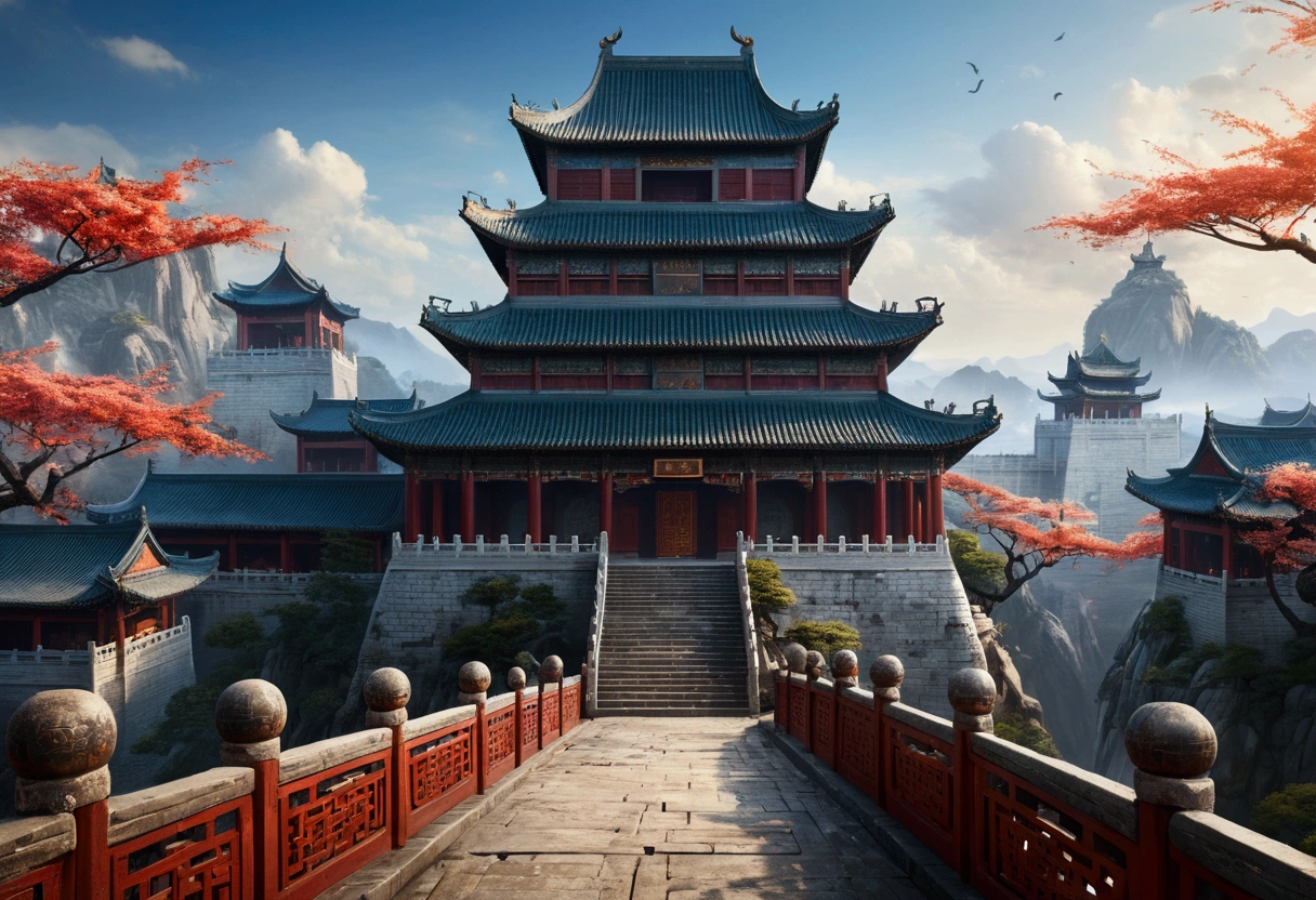 Highest quality,masterpiece,Chinese style castle,landscape,There are no humans,Fantasy,Charming streetscape,Concept Art,Fantasy,high resolution,4K,Atmospheric,Detailed Description,ground-level shot,アニメ