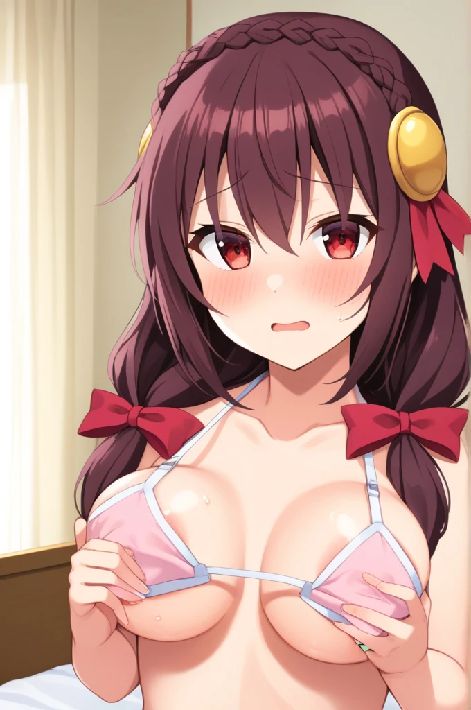 alone, One girl, Yunyun、(Blush 1.6) 、View your viewers, Crown braids of the same color as your hair, Red Eyes、hair ornaments, Hair Ribbon, (White and pink bikini)、bed、(Wet)、(Embarrassed face 1.8)、Nipples are visible、(Lift up your bikini to expose your boobs:1.2)