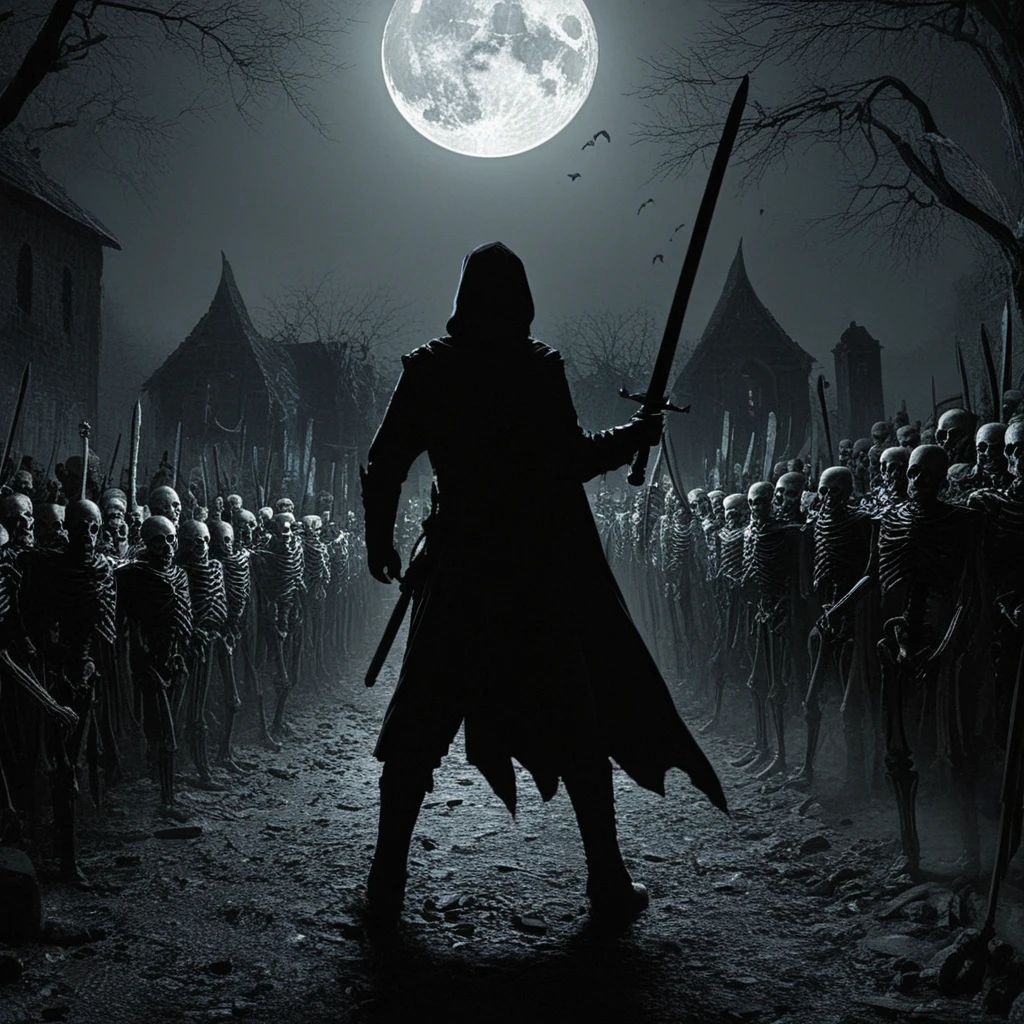 a man wielding a glowing sword rushes towards a army-sized horde of robed skeletons that surround him on all sides, noir, horror, magical, fantastical, cinematic, stark contrast, dark, dementors, tilted angle, off centered, dutch angle, ground level shot, moon, night, unique, detailed, oil painting masterpiece, dramatic, detailed background, detailed settings, artstation, Eerie, unsettling, spooky, suspense, grim, highly detailed, mystic, dynamic, movement, action