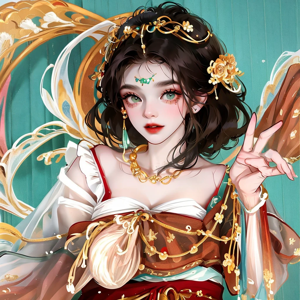 A gypsy with green eyes and black hair, White top with gold medal and red skirt with ruffles, Shell necklace.