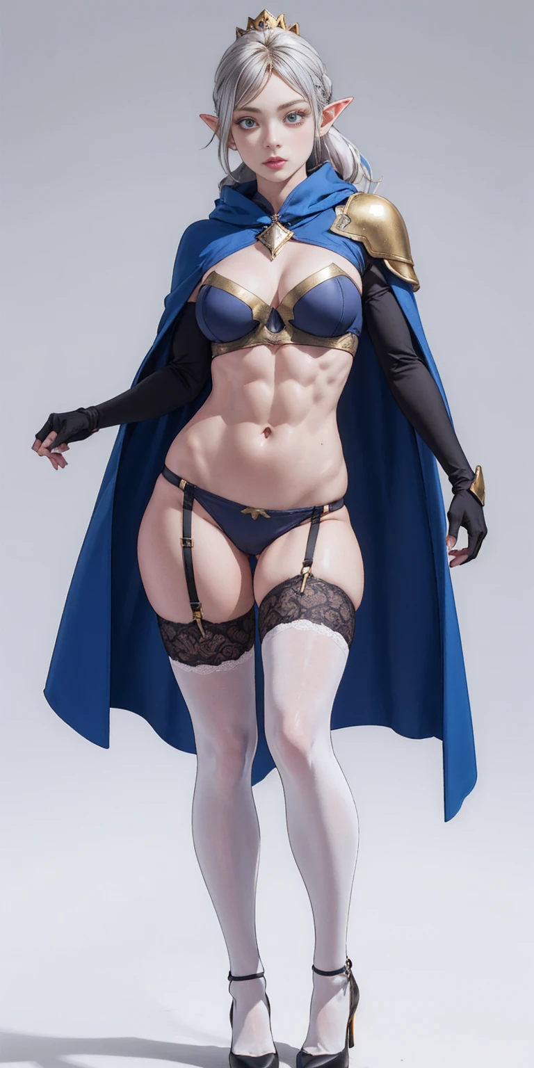 extremely long hair, ponytail, perfect anatomy 1 girl tall solo, slim thick ((muscular)) high elf full body toe to head toned body, silver breast plate, blue cape, slendered abs, hourglass waist, detailed face, defined cheekbones, puffy lips, gauntlets, gold crown, shadow over eyes, looking at viewer, masterpiece, white thigh highs lingerie, high heels