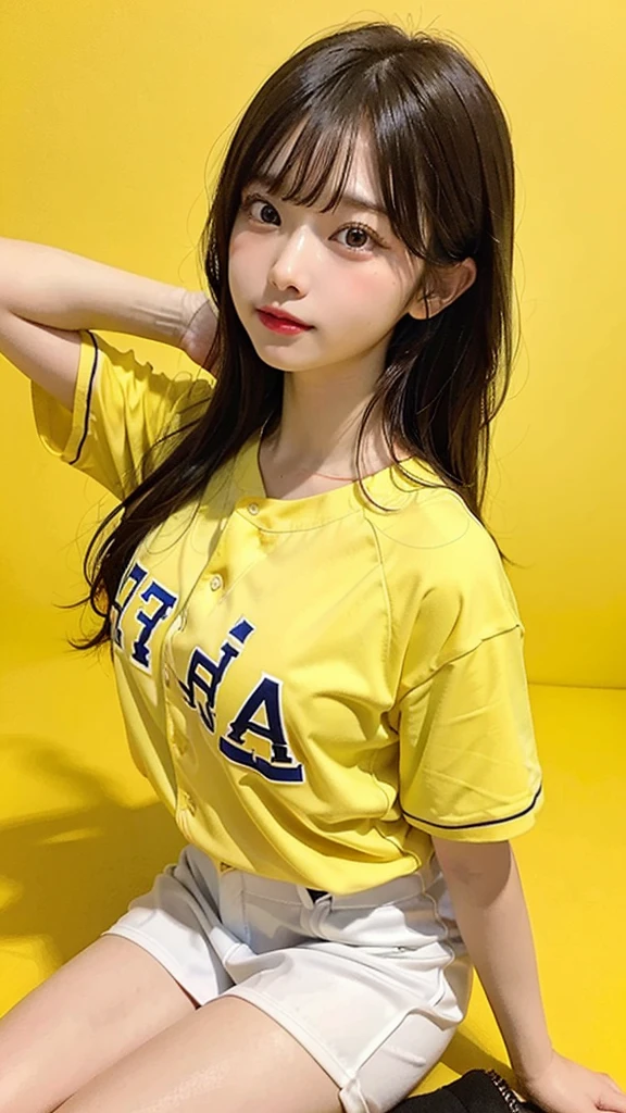 (8k, masterpiece, highest quality),girl１name、baseball、support、yellow clothes、Simple yellow background、head shot