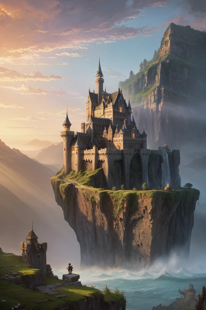 a painting of a castle on a cliff with a waterfall, fantasy art, a detailed matte painting, by Tyler Edlin, style of tyler edlin, tyler edlin fantasy art, ross tran. scenic background, anime fantasy artwork, fantasy matte painting,cute