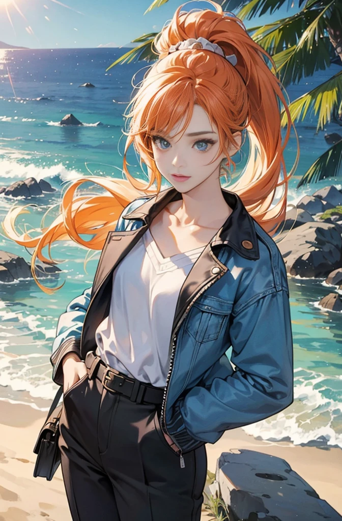 Very colorful, Pop feel, California, Pasadena, Summer image, Seaside, Beautiful woman with orange ponytail, Very beautiful detailed eyes, Beautiful and delicate eyes, Around 25 years old, Wearing a jacket, stylish belt, Perfect tall model figure,mysterious, Cool Beauty, West Coast, Shining summer memories, Anime drawing by Yang J, Art Station Trends, realism, extremely detailed The buds of art, Realistic anime 3D style, Anime Style 4 k, Up to the model | The buds of art, Anime Style. 8k, Casual clothing, Realistic anime art style, style The buds of art, Sharp contours, Highest quality, The perfect angle, Perfect composition, Perfect subject, Best Shot, Official Art,CD jacket, 80's City Pop, Stylish, Very stylish, Anime drawings inspired by Yanjun Chen, Trending on Art Station, realism, Anime Style 4 k, Anime Style. 8k, Realistic Anime 3D Style, Realistic anime art style, Digital anime illustration, Style Anime, Gweiz-style artwork, Anime Style illustration, Digital anime art