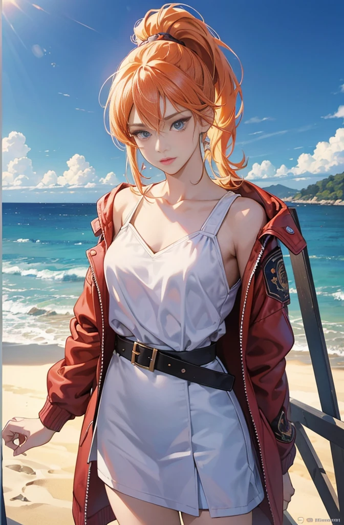 Very colorful, Pop feel, California, Pasadena, Summer image, Seaside, Beautiful woman with orange ponytail, Very beautiful detailed eyes, Beautiful and delicate eyes, Around 25 years old, Wearing a jacket, stylish belt, Perfect tall model figure,mysterious, Cool Beauty, West Coast, Shining summer memories, Anime drawing by Yang J, Art Station Trends, realism, extremely detailed The buds of art, Realistic anime 3D style, Anime Style 4 k, Up to the model | The buds of art, Anime Style. 8k, Casual clothing, Realistic anime art style, style The buds of art, Sharp contours, Highest quality, The perfect angle, Perfect composition, Perfect subject, Best Shot, Official Art，CD jacket, 80&#39;s City Pop, Stylish, Very stylish, Anime drawings inspired by Yanjun Chen, Trending on Art Station, realism, Anime Style 4 k, Anime Style. 8k, Realistic Anime 3D Style, Realistic anime art style, Digital anime illustration, Style Anime, Gweiz-style artwork, Anime Style illustration, Digital anime art