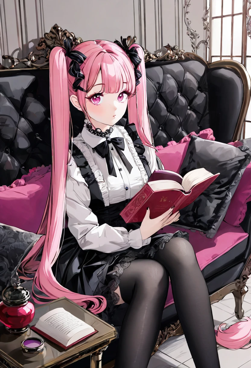 A beautiful girl with pink twin tails, pink eyes, alone, wearing makeup, reading a book in a room with a gothic sofa, perfect and delicate hand structure