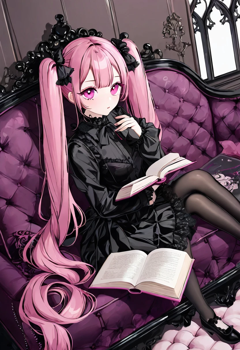 A beautiful girl with pink twin tails, pink eyes, alone, wearing makeup, reading a book in a room with a gothic sofa, perfect and delicate hand structure