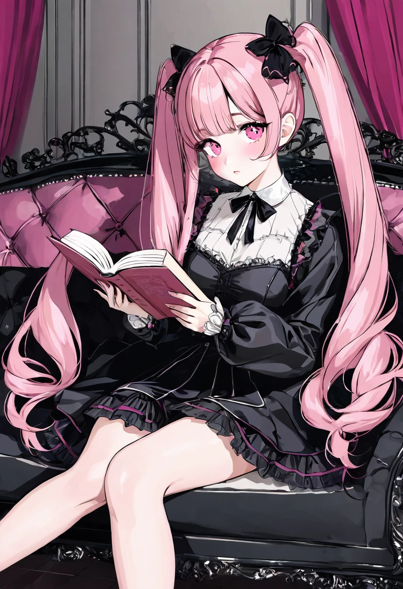 A beautiful girl with pink twin tails, pink eyes, alone, wearing makeup, reading a book in a room with a gothic sofa, perfect and delicate hand structure