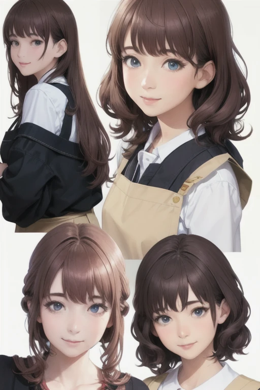 girl,Character design sheet,Beautiful attention to detail,Beautiful lip detail,Very detailed目と顔,Long eyelashes,Realistic,photoRealistic:1.37,Very detailed,Professional,Vibrant colors,Studio Lighting,Sharp focus,Physically Based Rendering,High resolution,超High resolution. blue eyes,Closed eyes， Long Hair，Curly hair、Black Hair，Lower eyes，apron，White Shirt，Chino pants，smile、Coffee shop