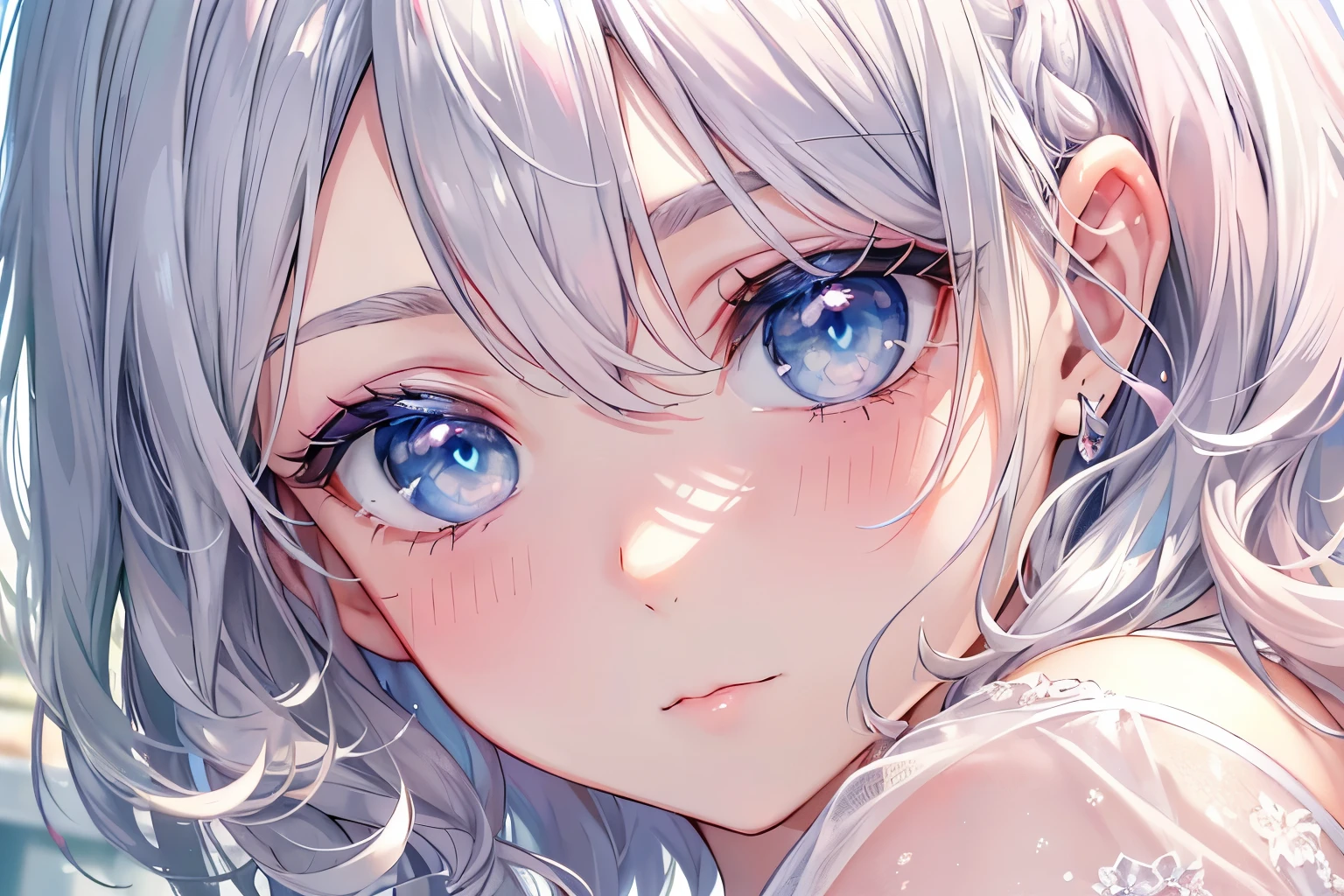 (Best quality,4K,8K,High resolution,Masterpiece:1.2),Super detailed,(Actual, Realistic),
break,
((Beautiful clear blue eyes:1.2)),very kind eyes,eyes wide open,beautiful eyelashes,beautiful lower eyelashes,
break,
((Beautiful and shiny silver hair:1.3)),expression of embarrassment,blush,
break,
(pink lingerie:1.3),
break,
lie face down,from behind,athletic back,close up of butt