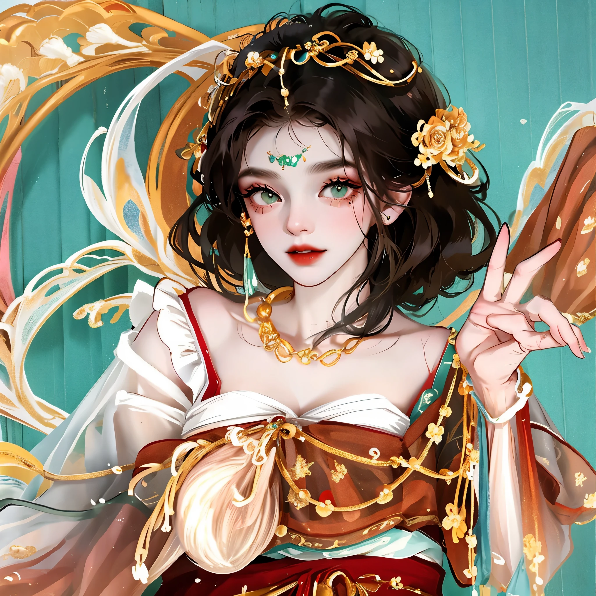 A gypsy with green eyes and black hair, White top with gold medal and red skirt with ruffles, Shell necklace.