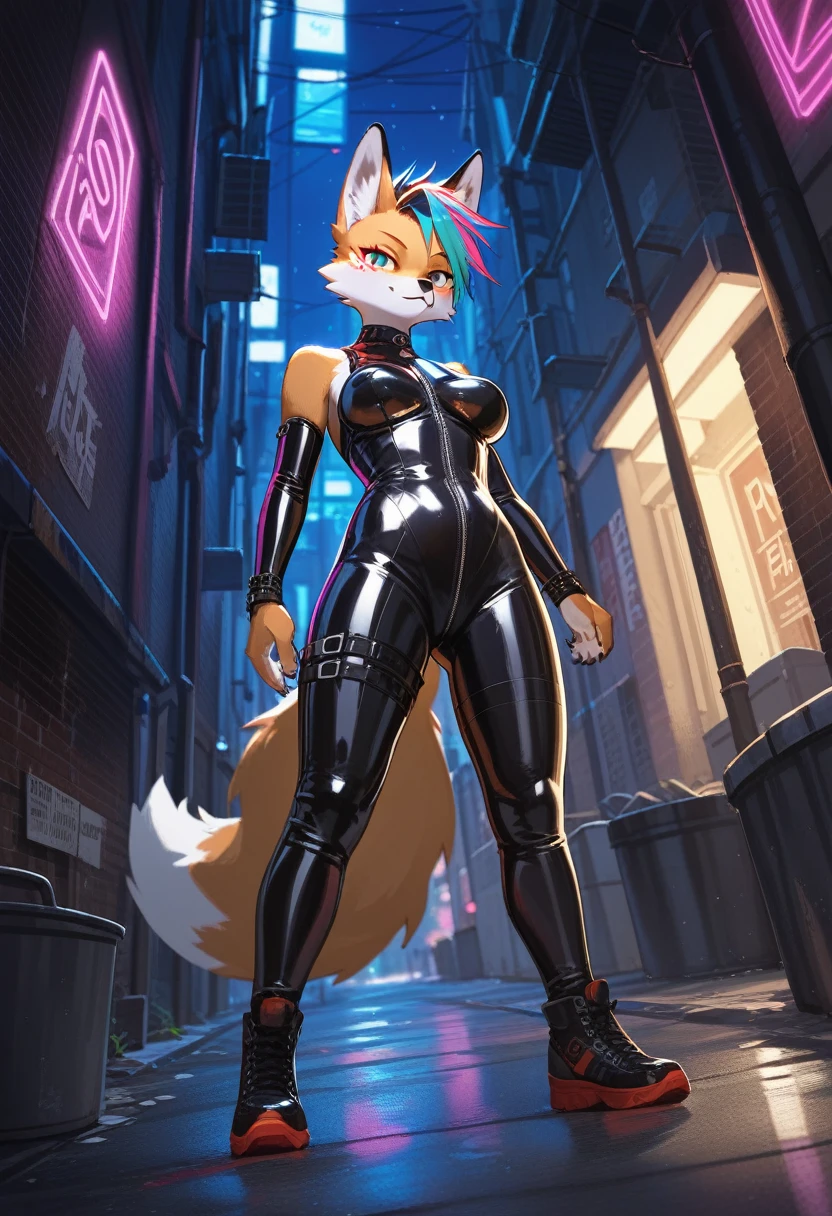 Highest quality, Highest quality, High quality illustrations, masterpiece, Ultra-high resolution, Detailed Background, Alley, night, Absurd, Perfect Anatomy, performance, Good lighting, Shadows in the movies(kemono, Furry Personifi猫ion), fox, Rubber Suit, latex, neon, neonカラー, cyber punk, On the chest「R」mark, Dynamic Angle
