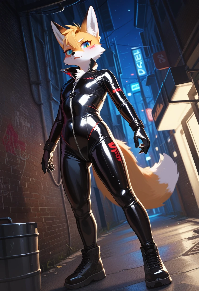 Highest quality, Highest quality, High quality illustrations, masterpiece, Ultra-high resolution, Detailed Background, Alley, night, Absurd, Perfect Anatomy, performance, Good lighting, Shadows in the movies(kemono, Furry Personifi猫ion), fox, Rubber Suit, latex, neon, neonカラー, cyber punk, On the chest「R」mark, Dynamic Angle