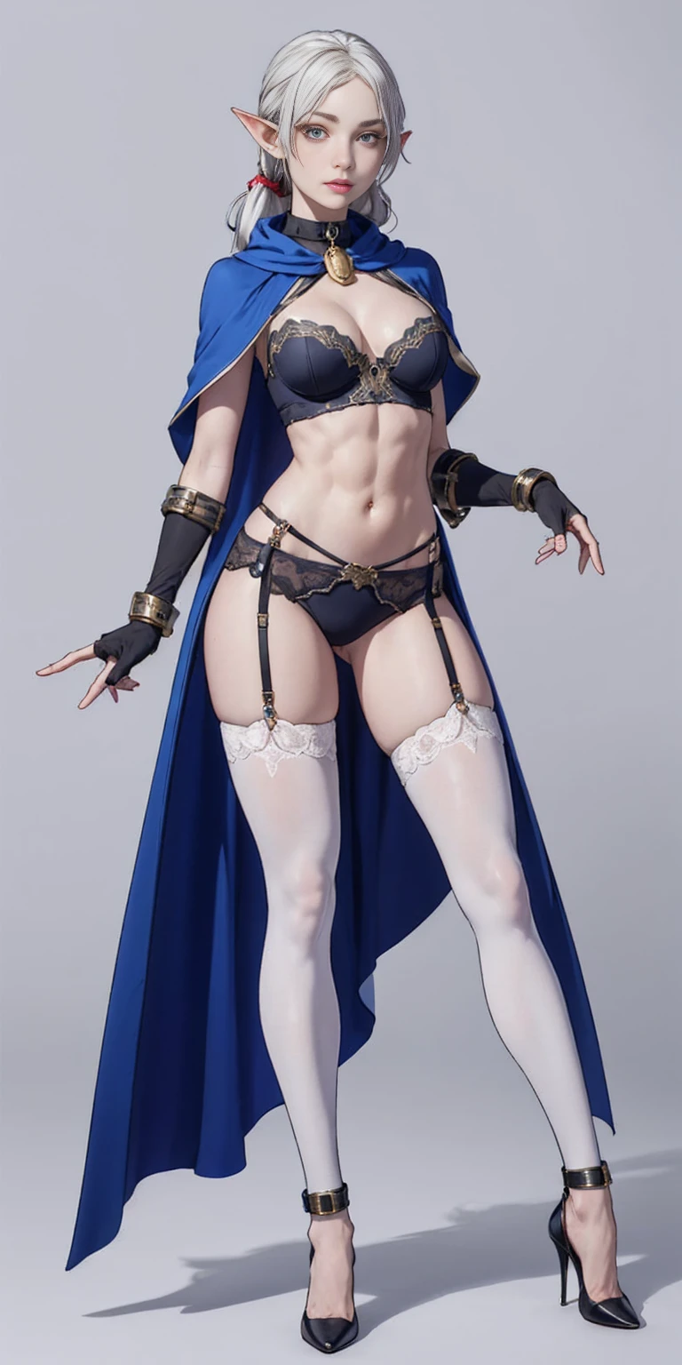extremely long hair, ponytail, perfect anatomy 1 girl tall solo, slim thick ((muscular)) grey skin, white_hair, high elf female full body toe to head toned body, silver breast plate, blue cape, slendered abs, hourglass waist, detailed face, defined cheekbones, puffy lips, whitish gloves gauntlets, gold crown, shadow over eyes, looking at viewer, masterpiece, white thigh highs lingerie, high heels, slave metal collar choker neck bell shackles wristbands bracers bracelets sleeves (plain background:1.2)