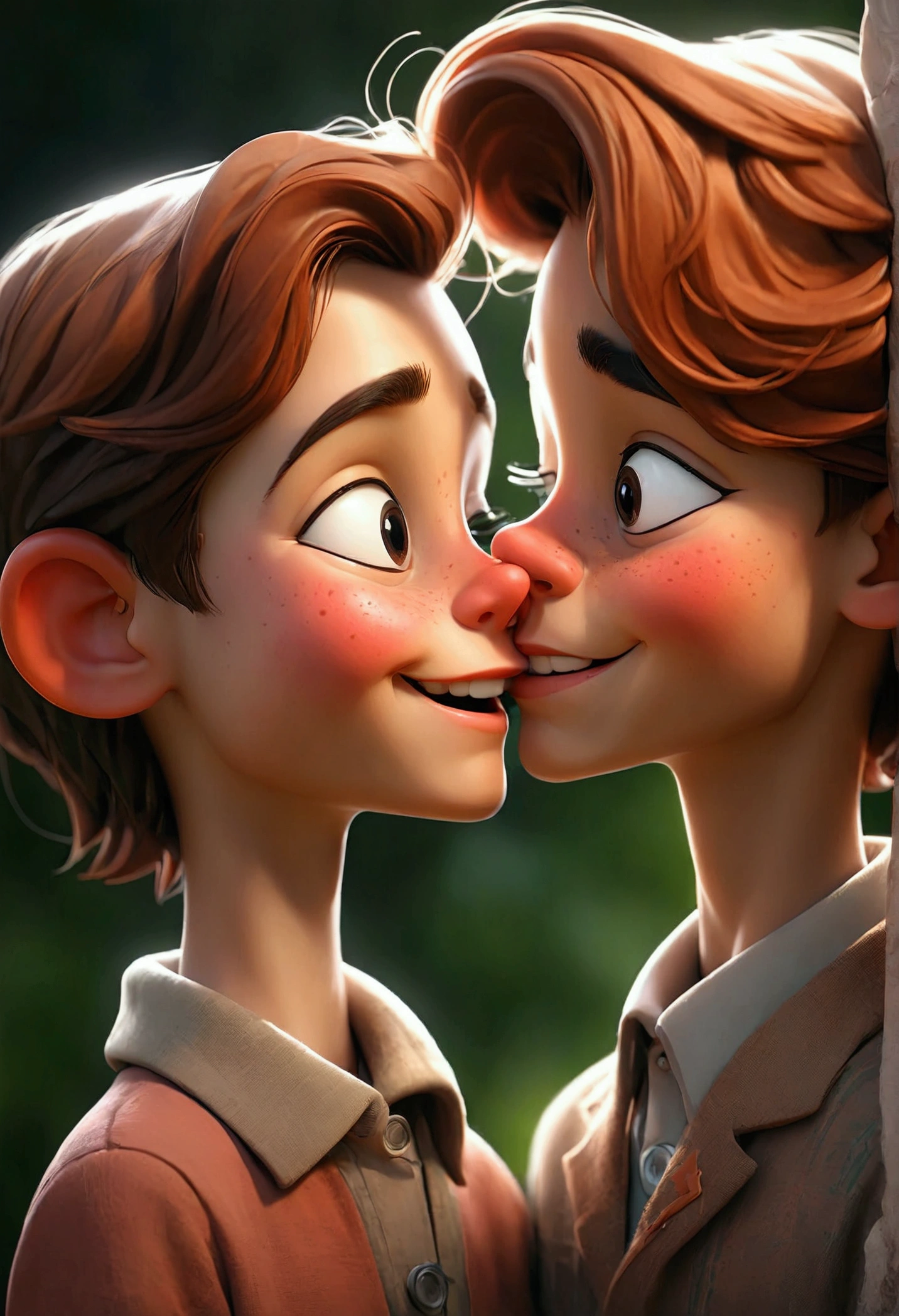 A boy and girl with cute smiles are kissing on the cheek