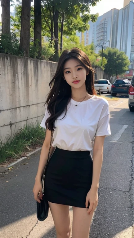 1 Girl,roadside,Soft Light,Chinese Beauty,tight skirt,Dark-haired