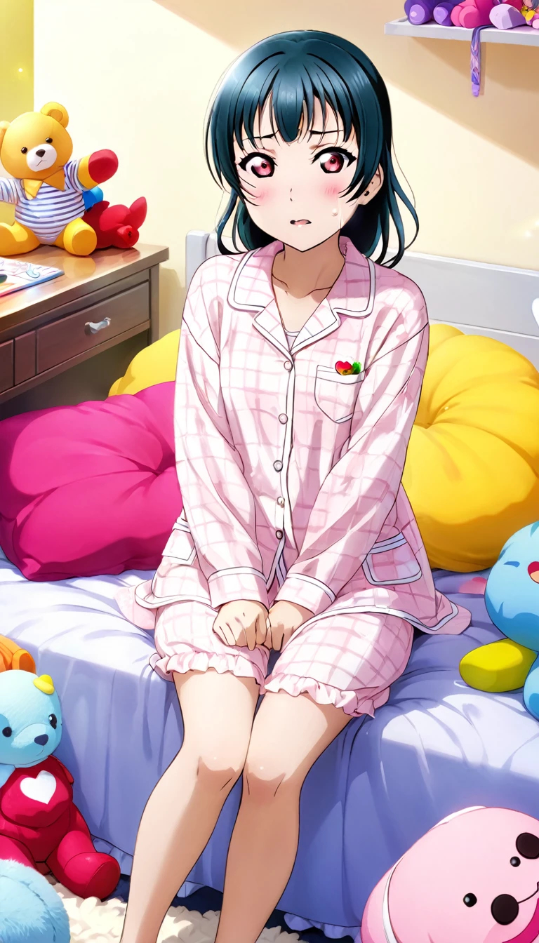 Create an illustration of Yoshiko Tsushima from "Love Live! Sunshine!!". She has long blue hair and red eyes. She's sitting on her bed in her room, wearing pajamas, surrounded by plush toys, and crying intensely，Highest quality, One girl, far and near method