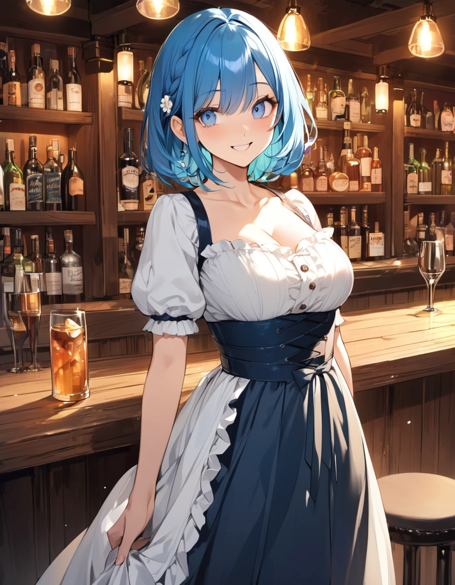 (Top quality illustrations:1.2), (pretty girl:1.1), (1 girl、), (1 girl、smile)、Big eyes、Bright blue hair、Short Bob Hair、Taverns in Germany、Inside the bar、Dirndl、One piece with frills、Long skirt、Beautiful breasts、Cowboy Shot