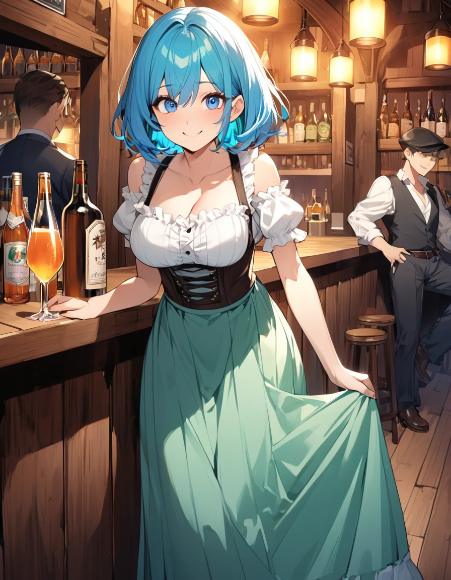 (Top quality illustrations:1.2), (pretty girl:1.1), (1 girl、17 years old), (1 girl、smile)、Big eyes、Bright blue hair、Short Bob Hair、Taverns in Germany、Inside the bar、Dirndl、One piece with frills、Long skirt、Beautiful breasts、Cowboy Shot