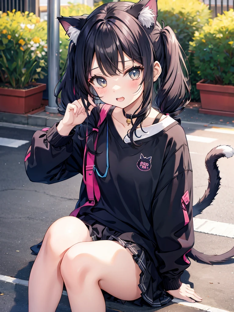 Twin-tailed girl imitating a cat's face