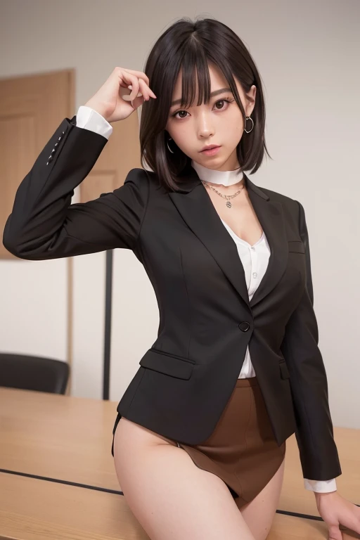 (Eye Focus:1.3),8K, RAW portrait of Japanese girl, model pose, sharp focus, realistic, super high resolution, top quality, (natural skin texture, fine texture, hyper realism, super sharpness), complex details, depth of written border, actress, (from bottom to :1.2),(perfect hands, perfect fingers, perfect limbs, perfect body, correct state of human body, perfect image realism, perfect anatomy),(beautiful and elaborate face, beautiful facial lines),(left to right balance) beautiful eyes,(thin thighs, thin waist),(thin thighs, thin waist)
((D-cup breasts)), spacious office room,(25 years old:1.2), bashful smile, made-up face, well-groomed eyebrows, (short brown bobbed hair:1.5), (secretary:1.2), (black tailored jacket:1.4), white dress shirt, tight skirt, black shiny stockings, (silver necklace, earrings, bracelet), pin-heeled pumps, (black tailored jacket:1.5), (black tailored jacket:1.2), (black tailored jacket:1.4), white dress shirt, tight skirt, black