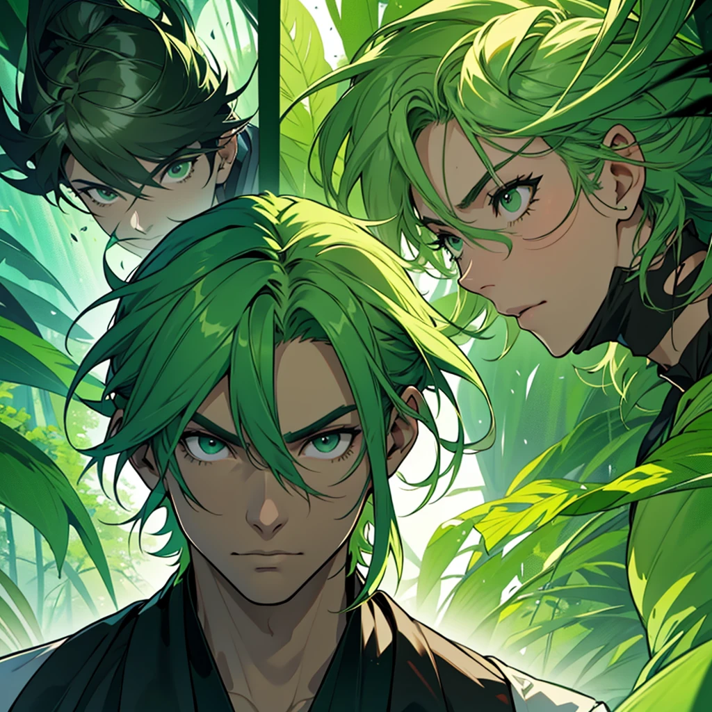 Create an image divided into four sections with a green theme: a lively Campaigner male, a serene Mediator female, a confident Protagonist male, and a wise Advocate male, each in distinctive poses against a unified backdrop with shades of green, incorporating delicate and mystical elements to enhance the overall visual appeal.